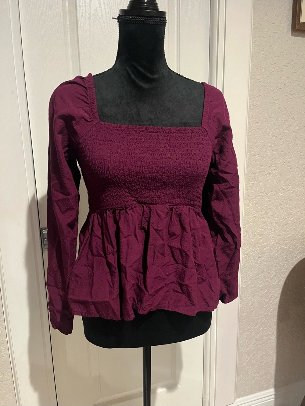 Old Navy Plum Smocked Square-Neck Long Sleeve Peplum Top